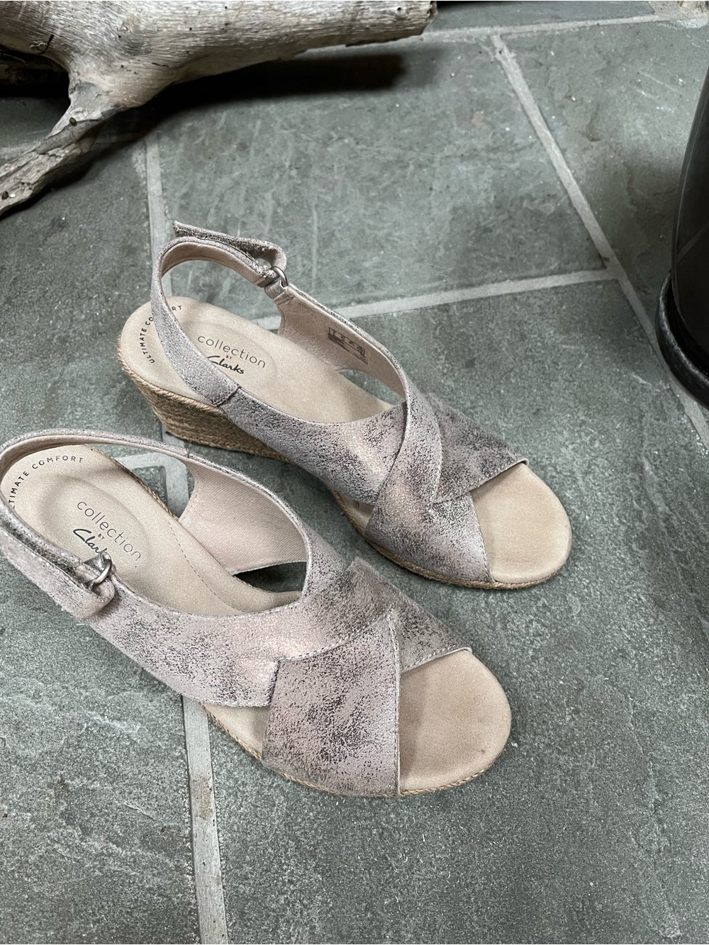 Clarks Women’s Metallic Taupe Slingback Wedge Sandals